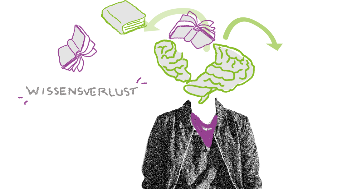 Illustration eines kopflosen Menschen, über dessen Hals eine gezeichnete Gehirnform und fliegende Bücher schweben; visualisiert Wissensverlust.