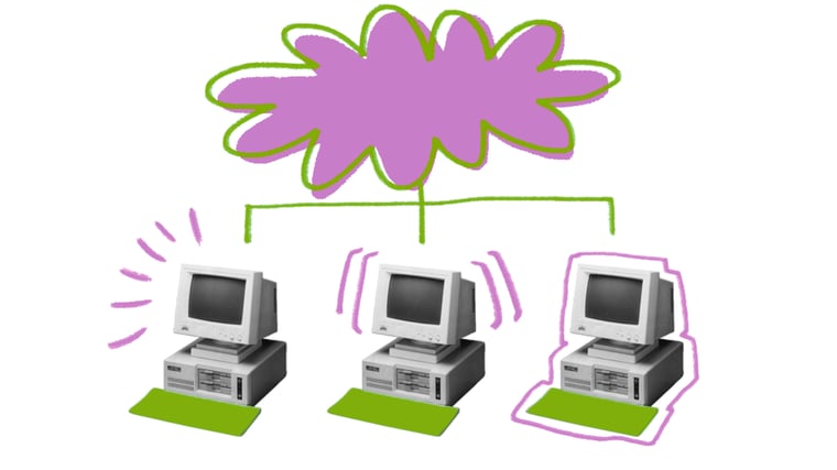 Drei Computer sind durch eine Wolke miteinander verbunden