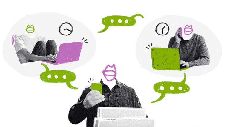 Drei Personen sitzen an Laptops und Smartphone und kommunizieren miteinander