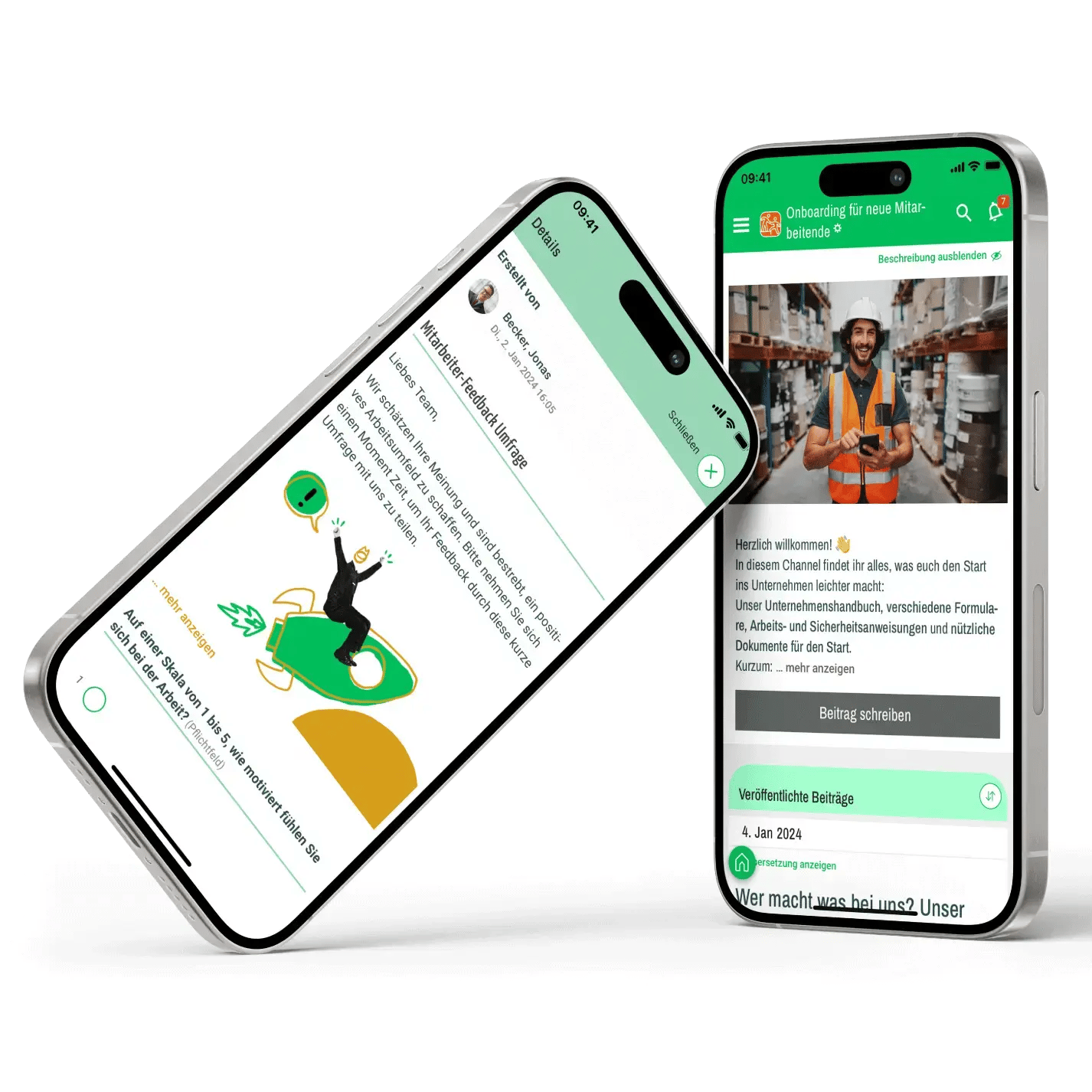 Zwei Smartphones zeigen Inhalte einer Mitarbeiter-App, darunter eine Umfrage und ein Onboarding-Beitrag für neue Mitarbeiter. Zwei Smartphones zeigen Inhalte einer Mitarbeiter-App, darunter eine Umfrage und ein Onboarding-Beitrag für neue Mitarbeiter.