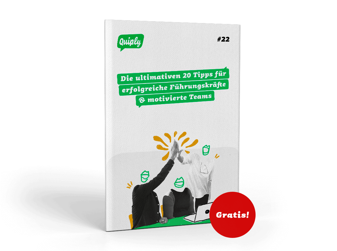 Das Cover eines Whitepapers mit dem Titel "Die ultimativen 20 Tipps für erfolgreiche Führungskräfte & motivierte Teams" von Quiply. Zwei Personen geben sich über einem Laptop die Hand, symbolisierend für erfolgreiche Zusammenarbeit und Führung. Das Whitepaper ist kostenlos erhältlich.