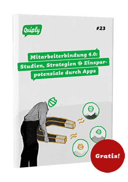  Das Cover eines Whitepapers mit der Illustration eines Menschen mit einem Magneten, der andere Menschen anzieht. Mit dem Titel "Mitarbeiterbindung 4.0: Studien, Strategien & Einsparpotenziale durch Apps", dem "Quiply"-Logo und einem roten "Gratis!"-Hinweis.