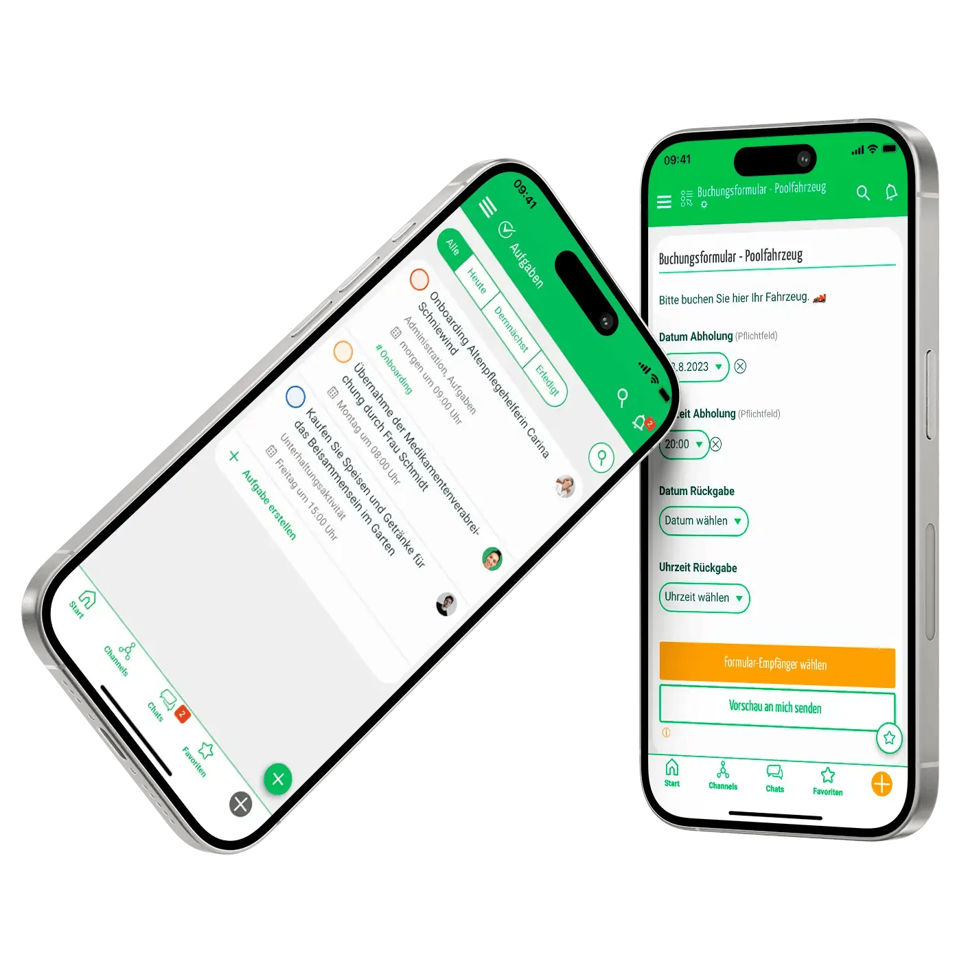 Zwei Smartphones zeigen die Quiply-App mit Funktionen wie Aufgabenverwaltung und Buchungsformulare.