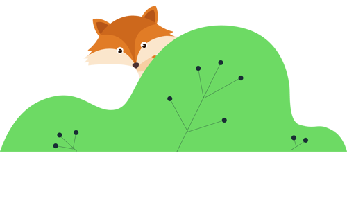Ein gemaltes oranges Fuchsbild, bei dem ein Fuchs hinter einem grünen Busch hervorschaut.