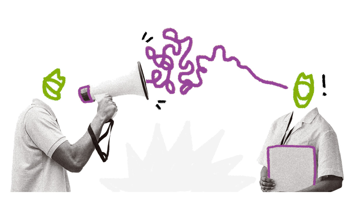 Zwei Personen kommunizieren miteinander, indem eine Person durch ein Megafon spricht