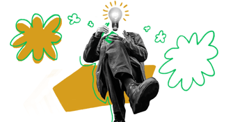 ein mann mit einer gluehbirne anstelle seines kopfes, um seine idee zu symbolisieren
