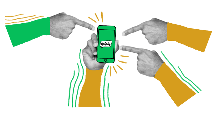 Der Finger zeigt auf ein Smartphone mit der Quiply-App für Mitarbeiter