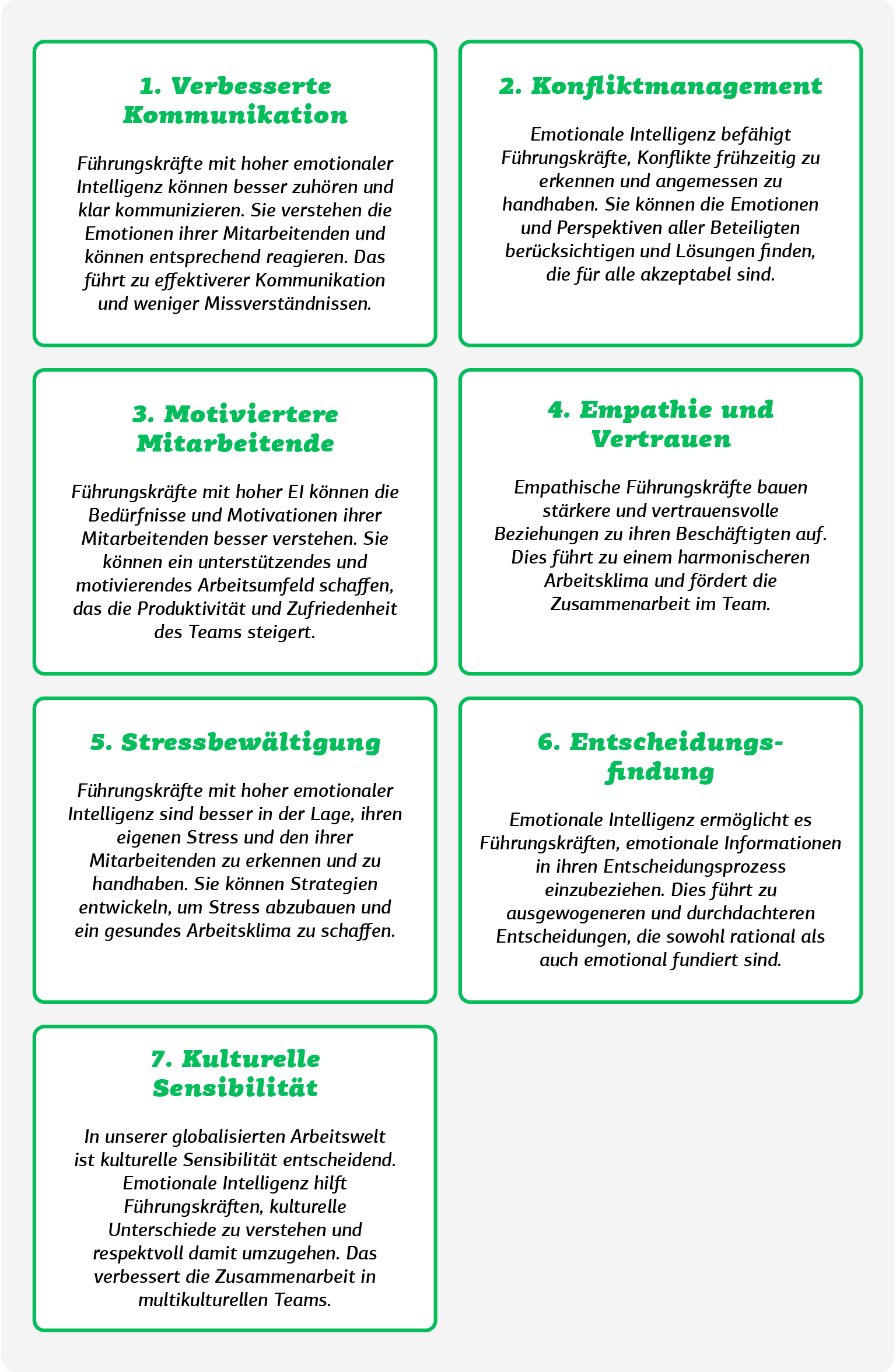 Infografik über sieben Vorteile emotionaler Intelligenz (EI) in der Fuehrung